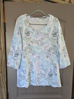 Fresh Produce, Beachy Waverley White Swirl, 100% soft Cotton Jersey TunicTop M/L